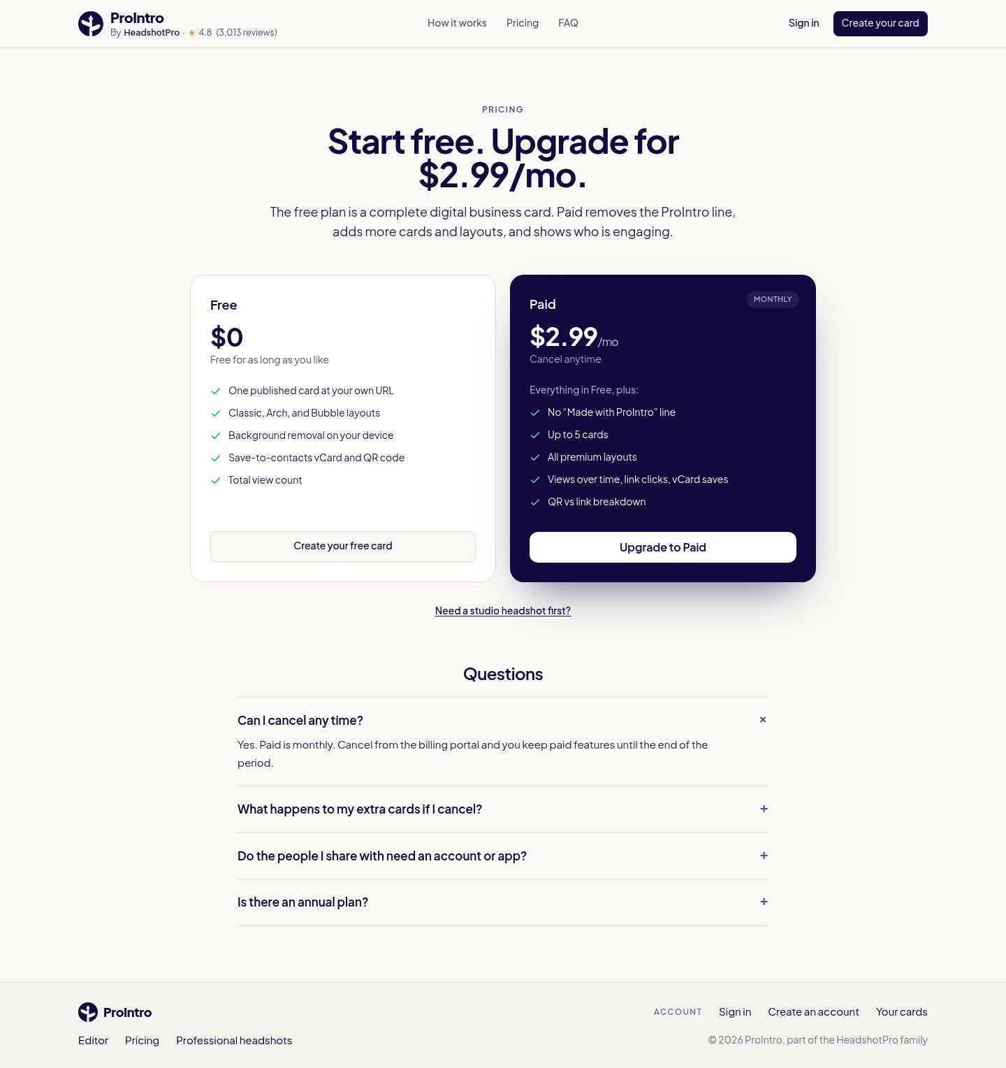 ProIntro Pricing screenshot