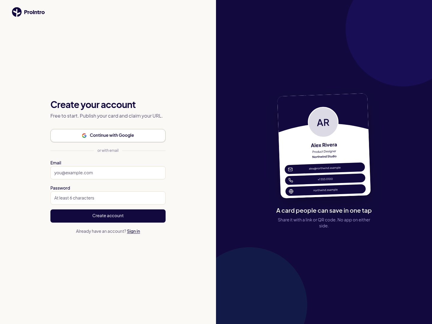 ProIntro Signup screenshot