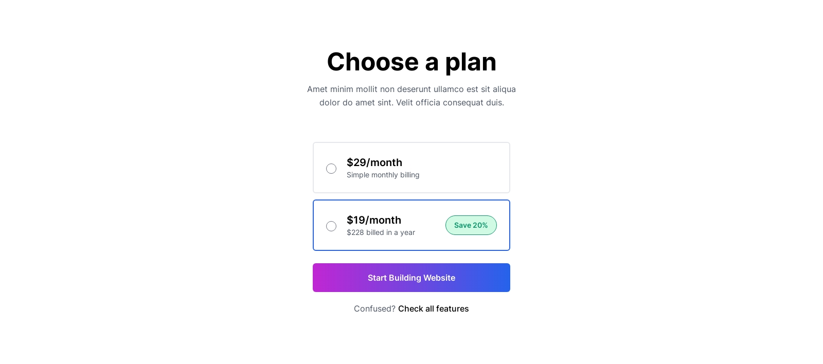 Pricing component screenshot