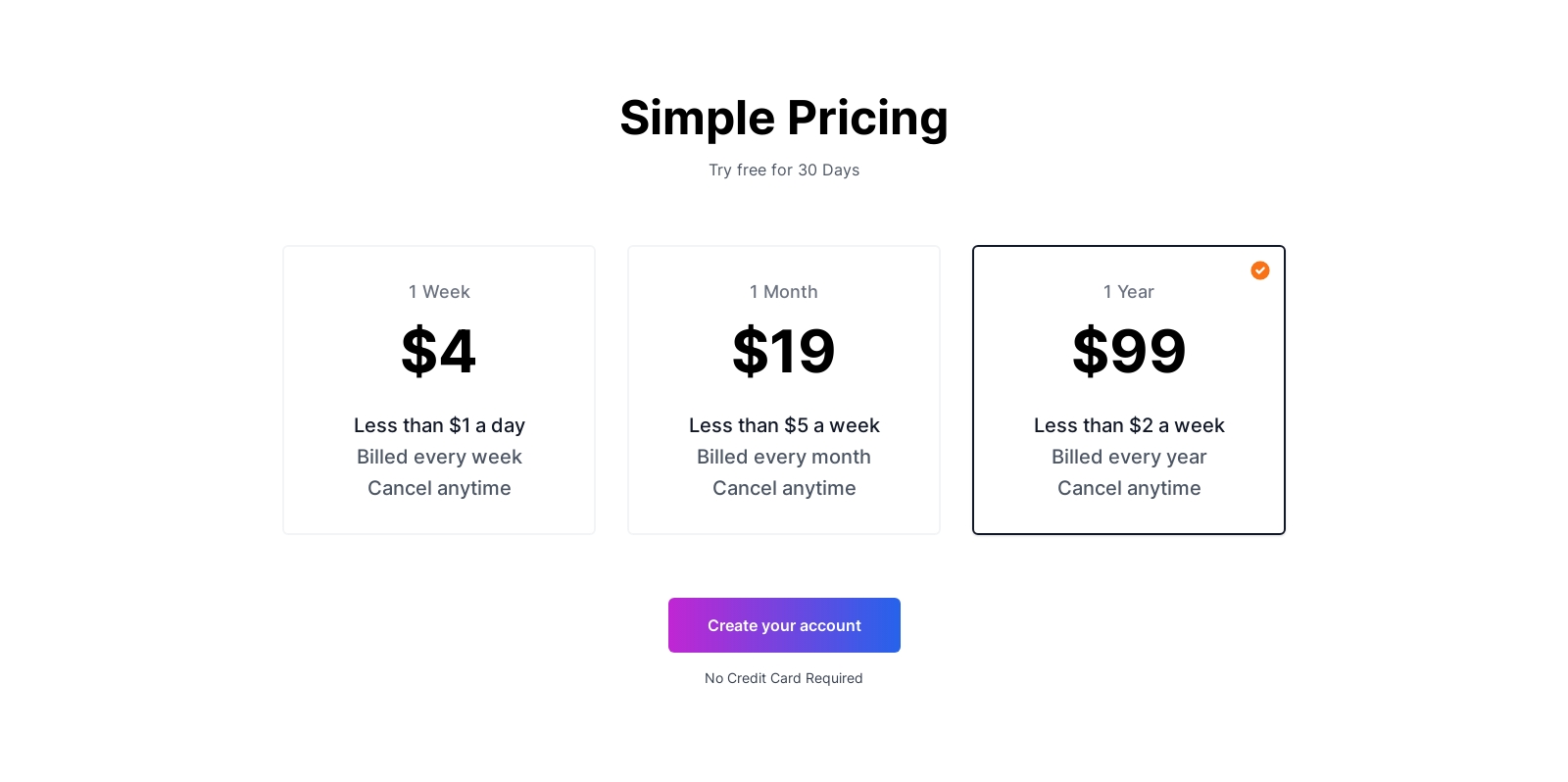 Pricing component screenshot