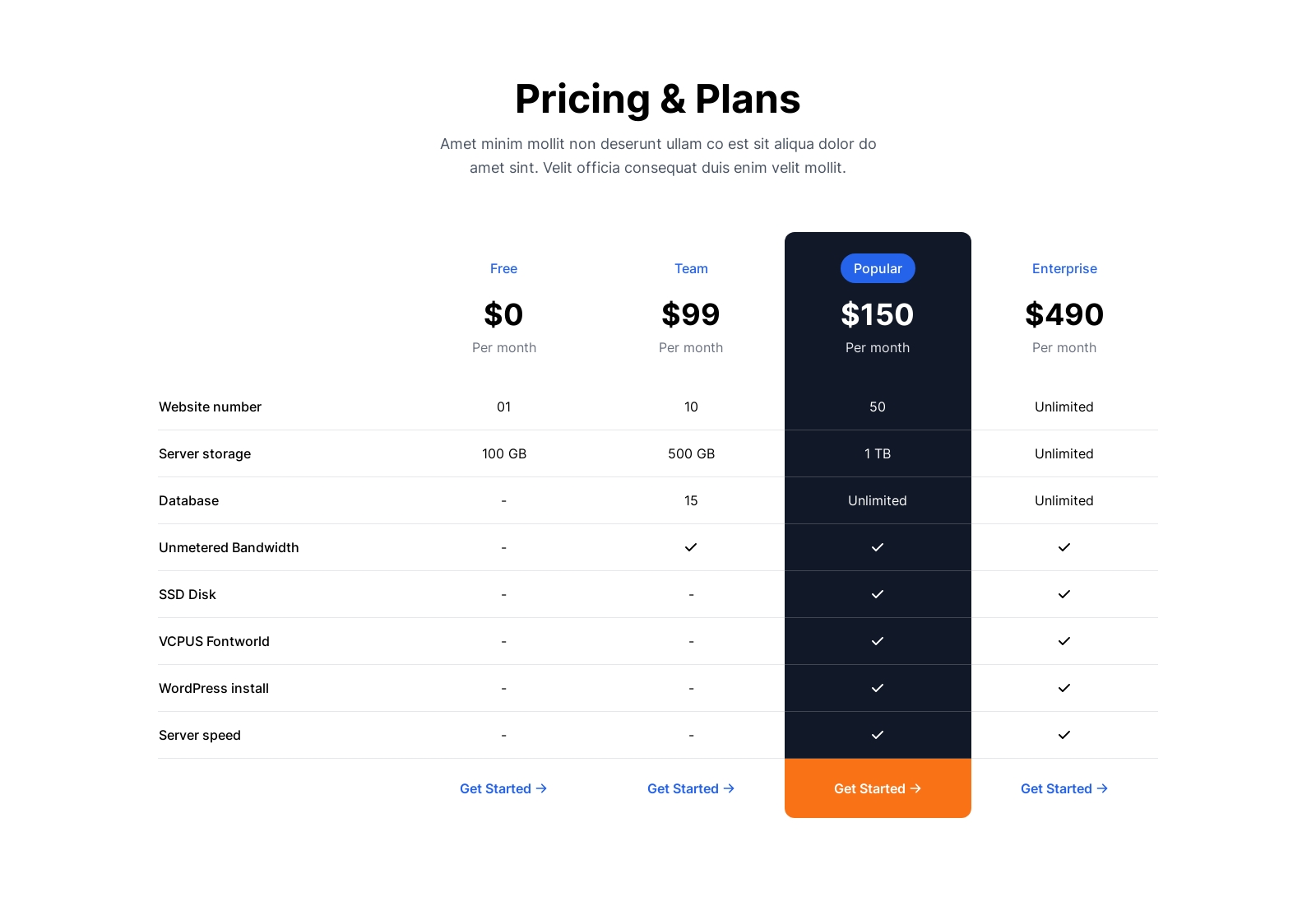 Pricing component screenshot