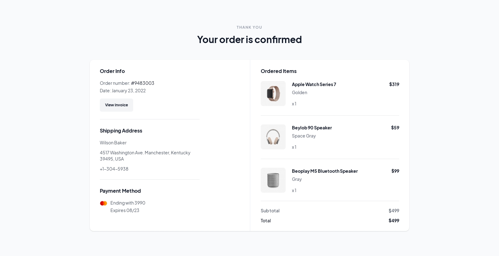 Order Confirmed component screenshot