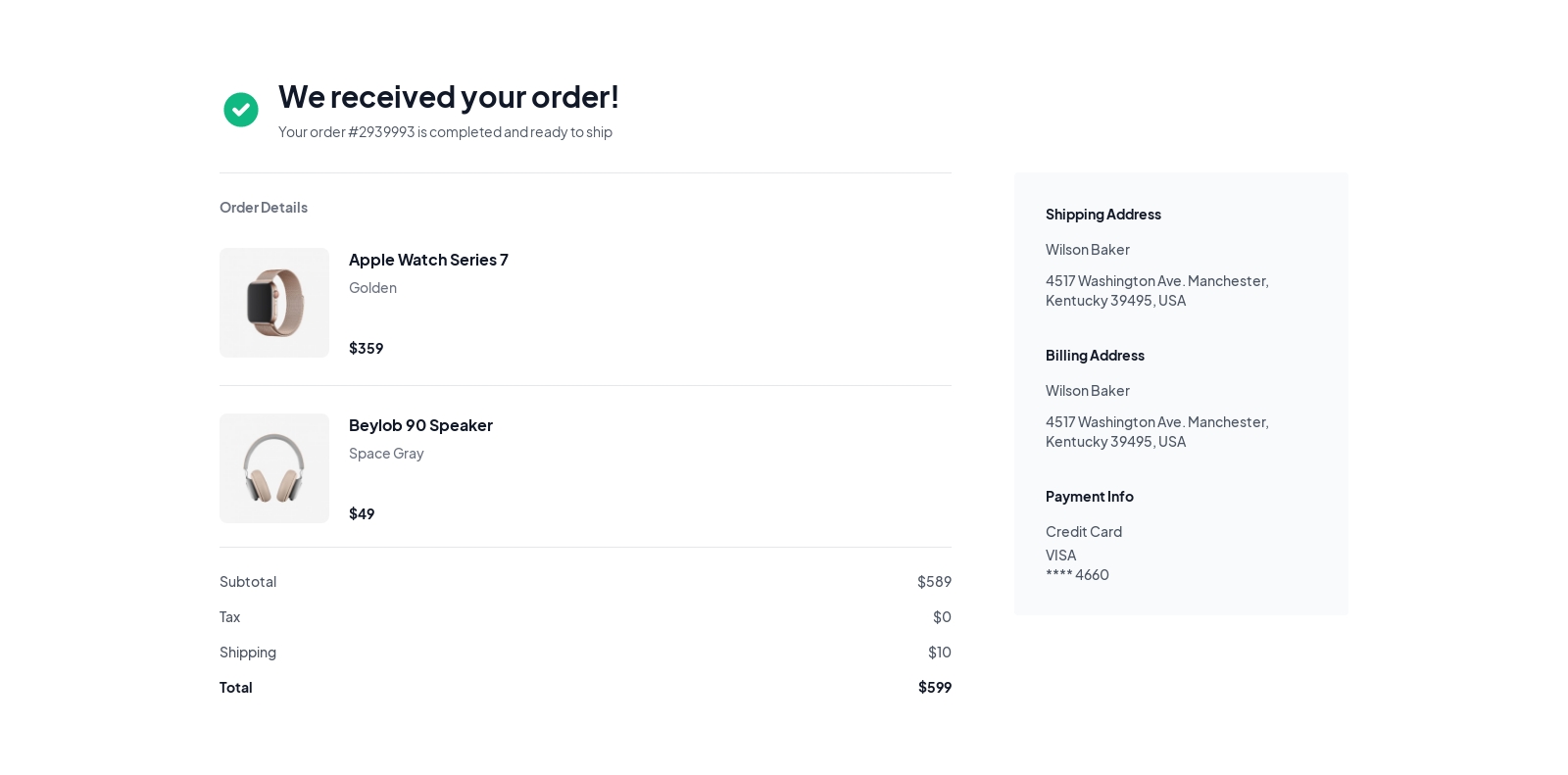 Order Confirmed component screenshot