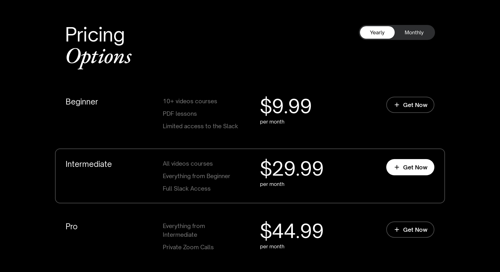 Pricing component screenshot