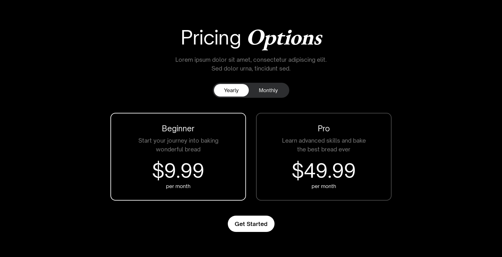 Pricing component screenshot