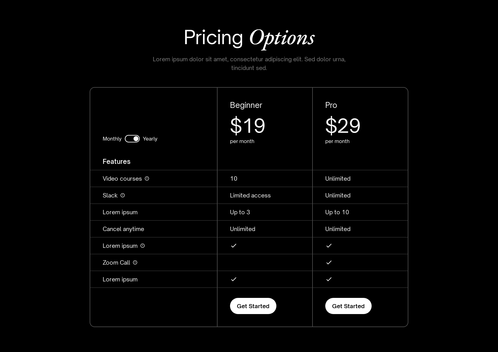 Pricing component screenshot