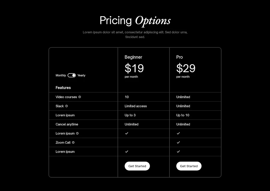 Pricing component screenshot