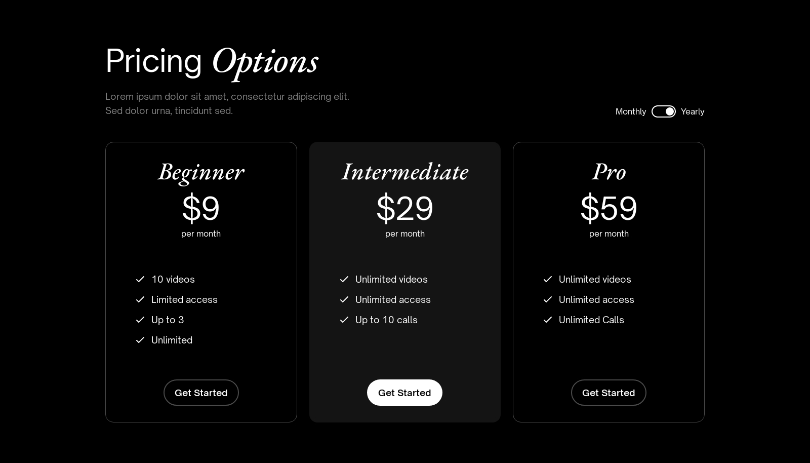 Pricing component screenshot