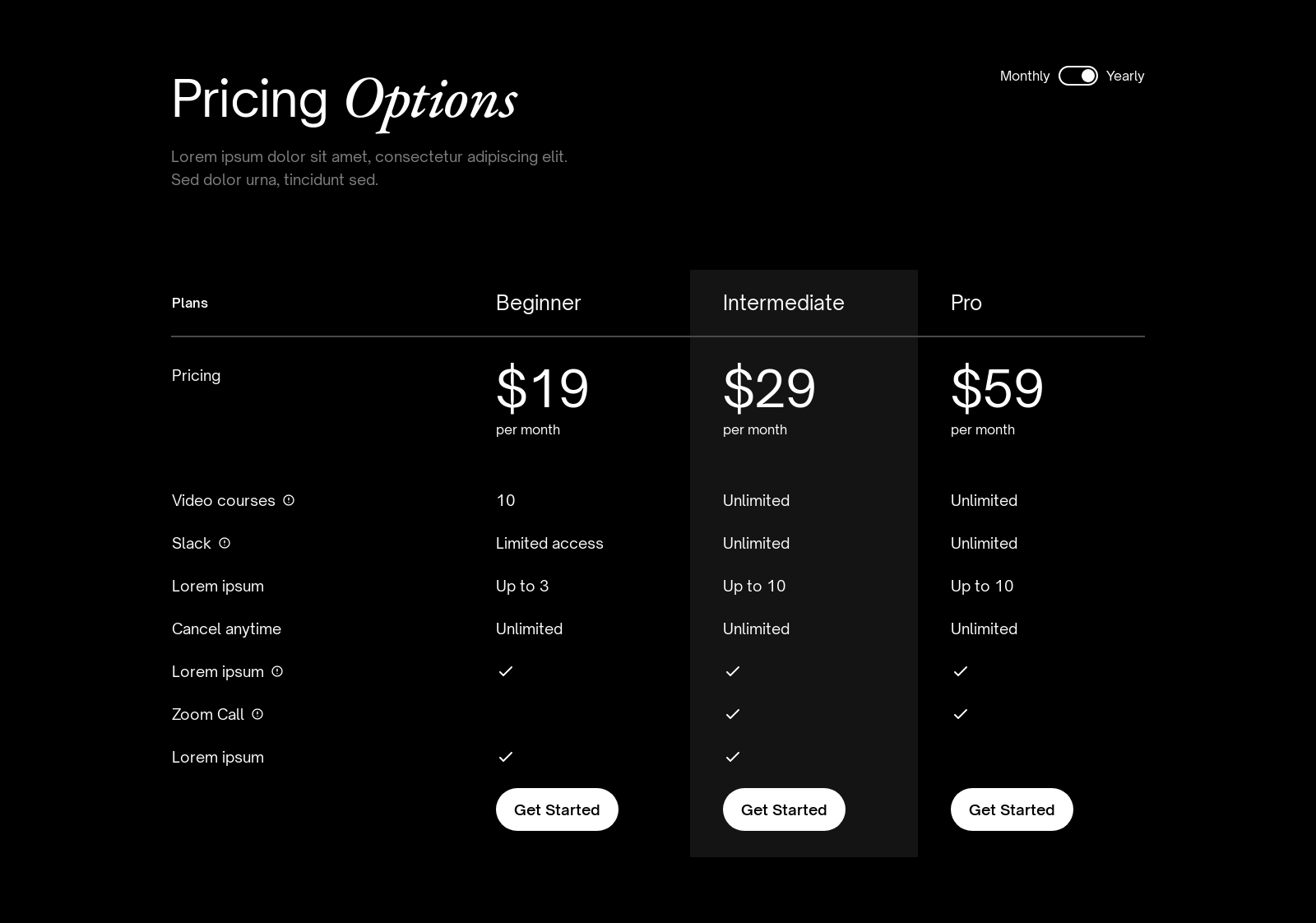 Pricing component screenshot