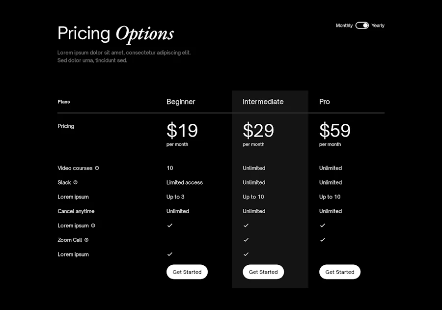 Pricing component screenshot