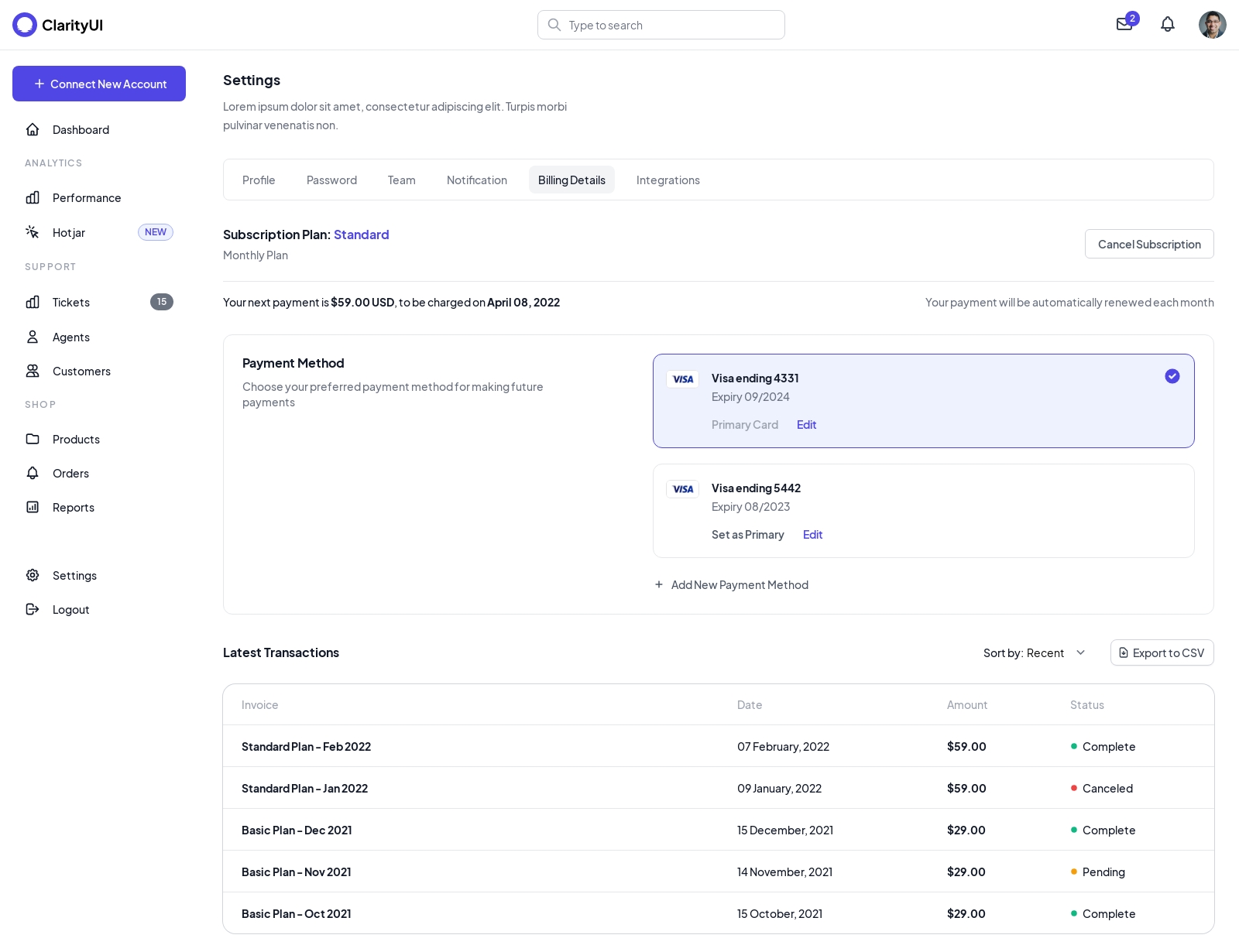 Settings Page component screenshot