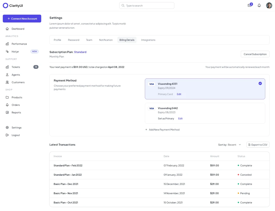 Settings Page component screenshot
