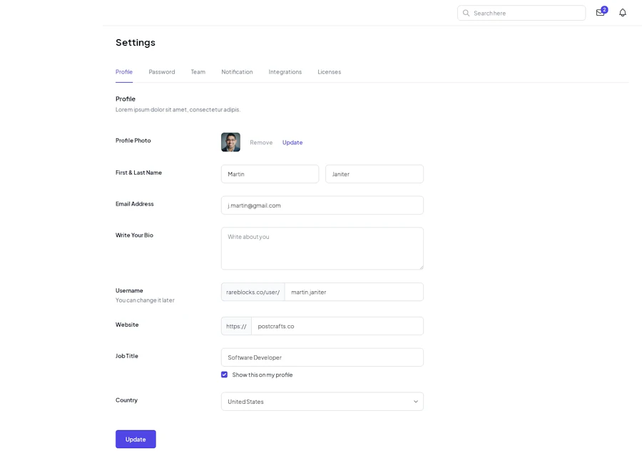 Settings Page component screenshot