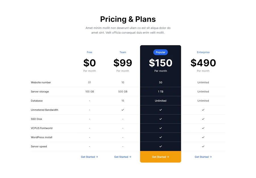 Pricing component screenshot