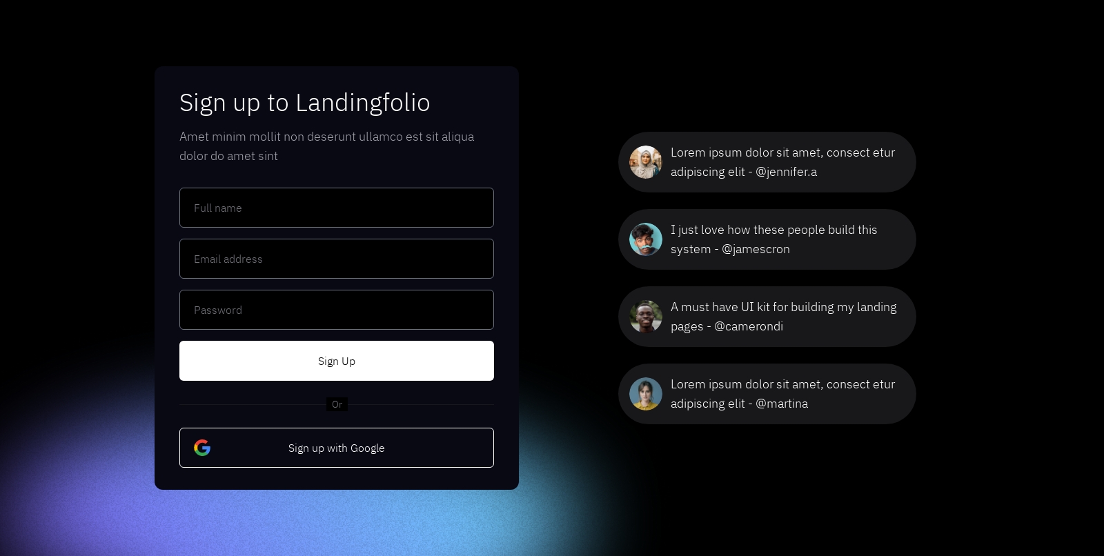 Signup component screenshot