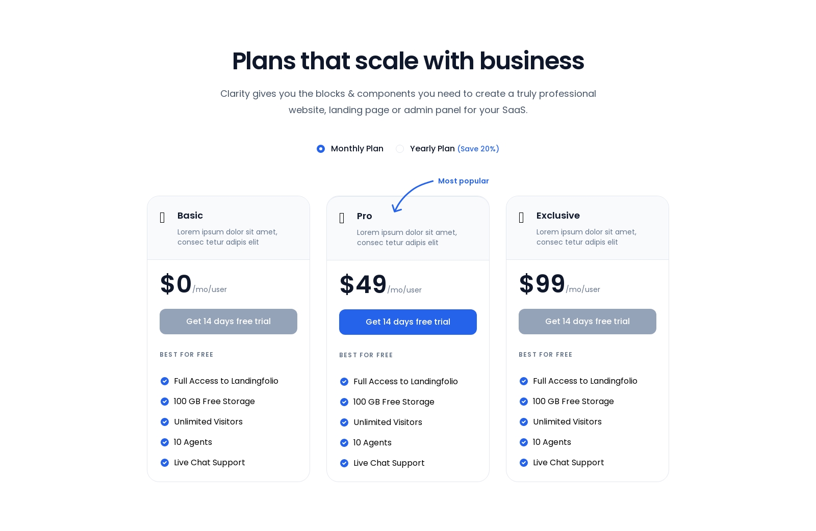 Pricing component screenshot
