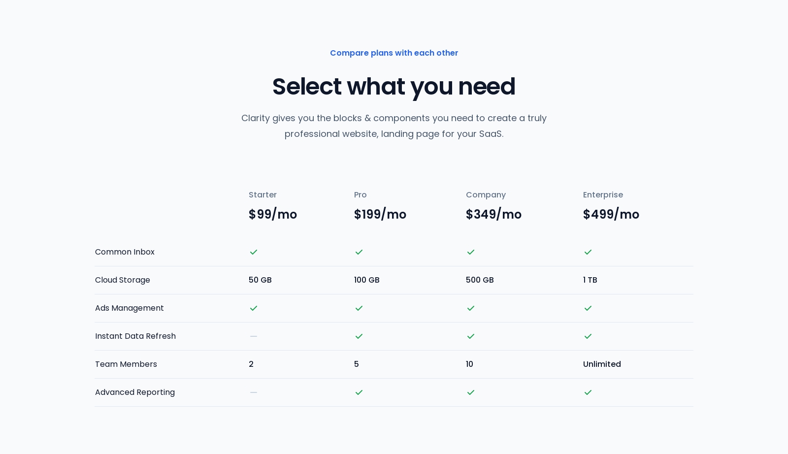 Pricing component screenshot