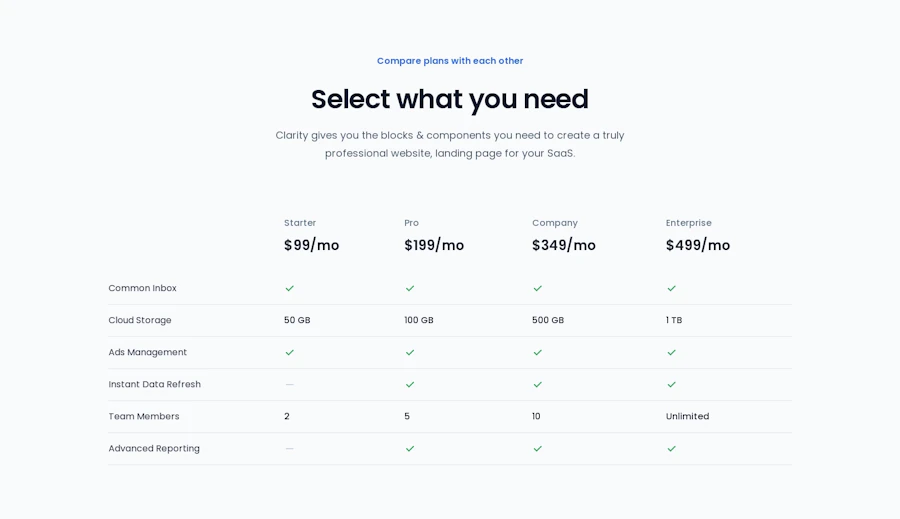 Pricing component screenshot